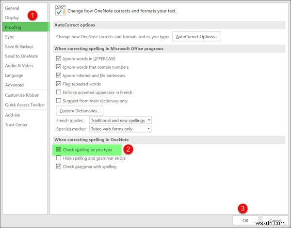 Windows 11/10의 OneNote에서 맞춤법 검사 비활성화하는 방법