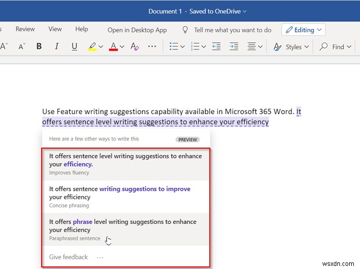웹용 Microsoft Word에서 다시 쓰기 제안 기능 활용하는 방법