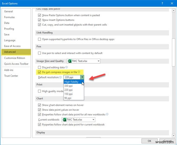 Office 365 앱에서 이미지 압축 비활성화하는 방법