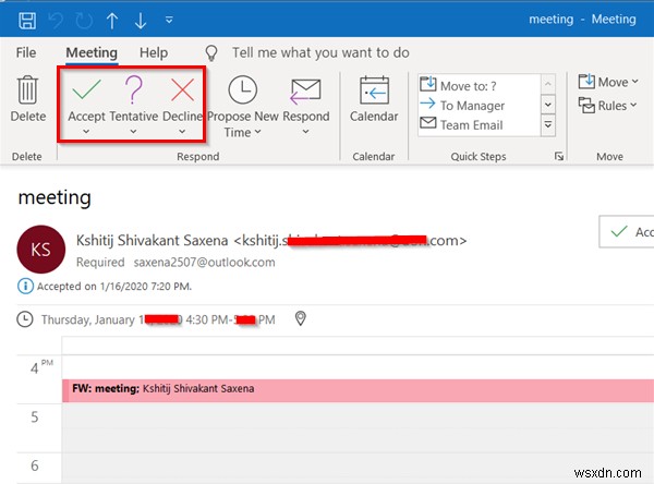 Outlook 모임 초대에서 수락·미정·거절 응답 옵션이 표시되지 않을 때 해결 방법