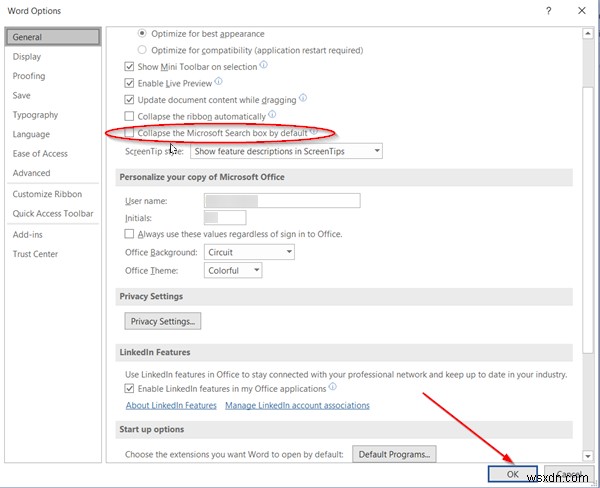 Office 365 제목 표시줄에서 검색창 숨기거나 최소화하는 방법