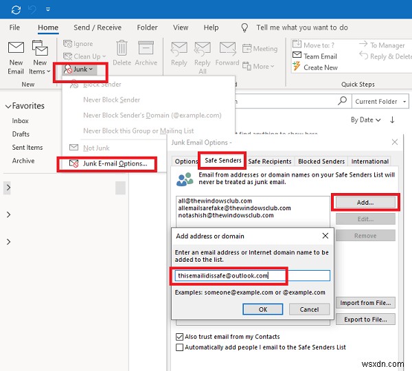Microsoft Outlook에서 수신 허용 - 보낸 사람 목록에 연락처 추가하는 방법