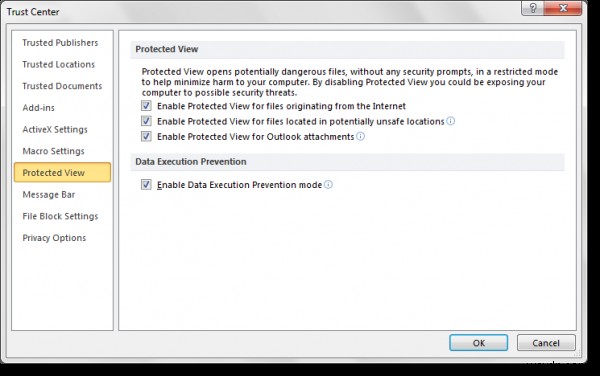 Microsoft Office에서  보호된 보기(Protected View)  비활성화하는 방법