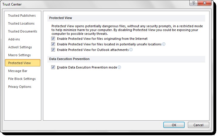 Microsoft Office에서  보호된 보기(Protected View)  비활성화하는 방법