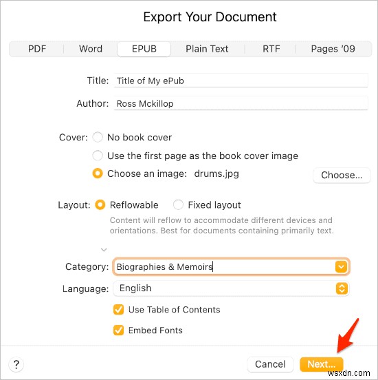 Pages(페이지)에서 만든 문서를 ePub 파일로 저장하는 방법