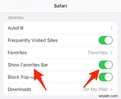 iPad Safari에서 즐겨찾기 막대(책갈피 바) 활성화하고 정렬하는 방법