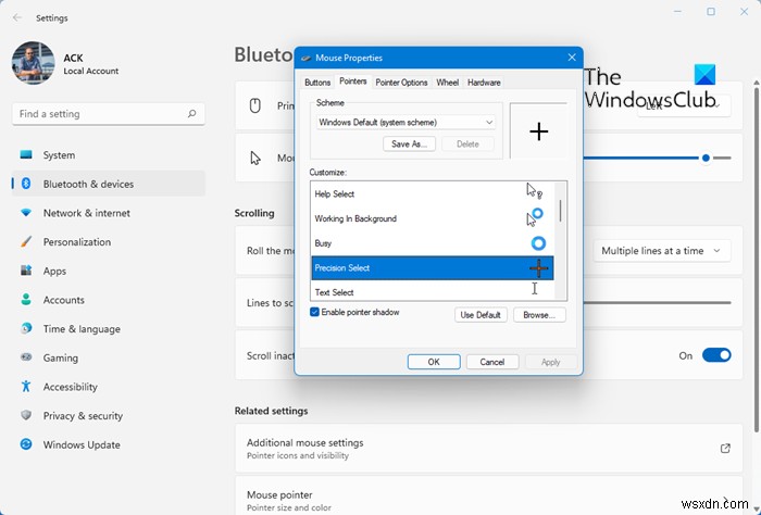 Windows 11/10에서 십자형 커서 또는 포인터 설정하는 방법