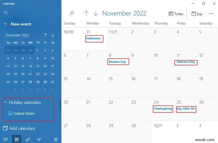 Windows 11/10 캘린더 앱에 공휴일 추가하는 방법