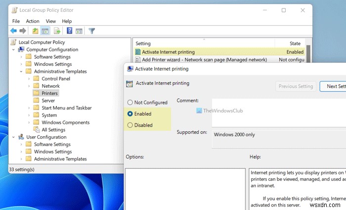 Windows 11/10에서 인터넷 인쇄 켜기·끄기: 레지스트리 및 그룹 정책 설정 방법