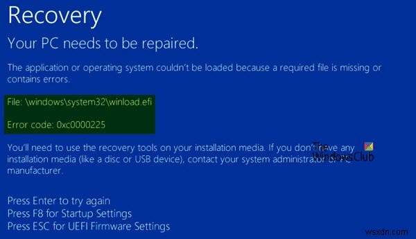 Windows 11/10 부팅 오류 해결: Winload.efi 파일 누락(0xc0000225) 수정 방법