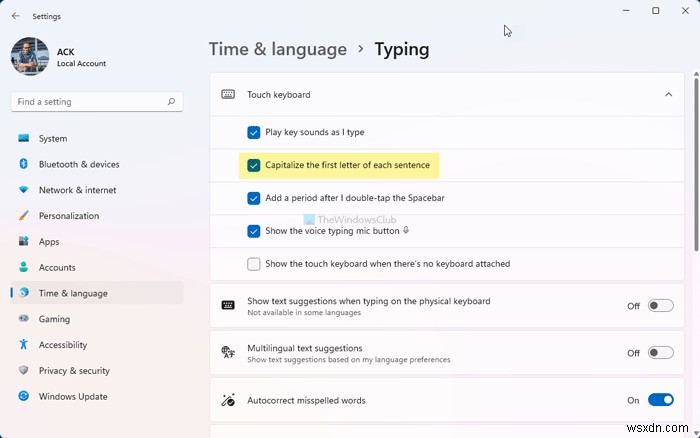 Windows 11에서 터치 키보드 문장 첫 글자 자동 대문자 변환 켜기 또는 끄기