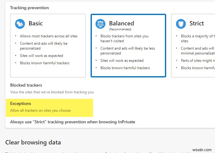 Microsoft Edge 브라우저에서 추적 방지 예외 목록에 사이트를 추가하는 방법