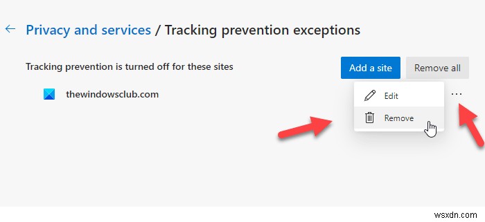 Microsoft Edge 브라우저에서 추적 방지 예외 목록에 사이트를 추가하는 방법
