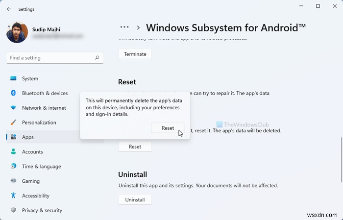 Windows 11에서 Android용 Windows 하위 시스템(WSA) 초기화하는 방법