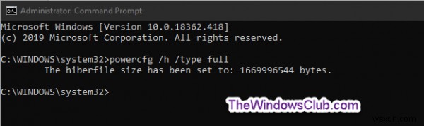 Windows 11/10에서 하이버파일(Hiberfile) 유형을 전체 또는 축소로 지정하는 방법