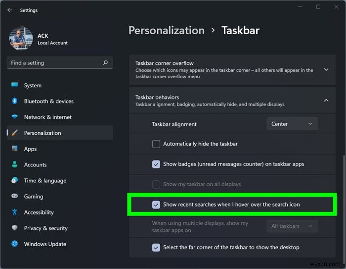 Windows 11 작업 표시줄 검색 아이콘의 최근 검색 기록 표시 끄는 방법