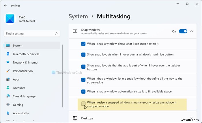 Windows 11에서 인접한 스냅 창의 자동 크기 조정 비활성화하는 방법