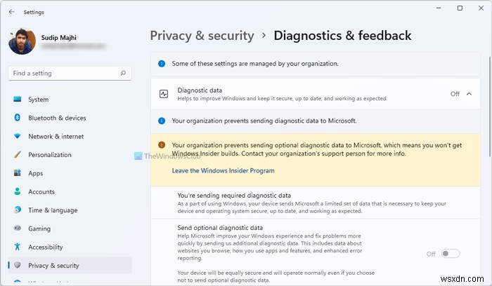 Windows 11에서 조직에서 Microsoft에 선택적 진단 데이터 전송이 차단됨 오류 해결 방법