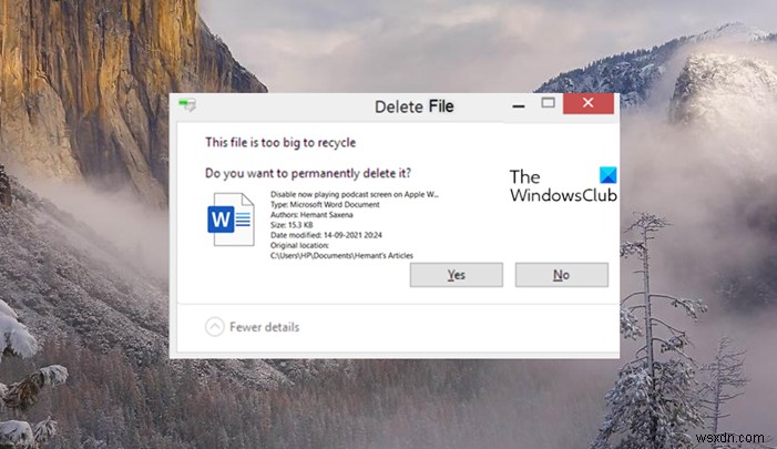 Windows 11/10 파일이 너무 커서 휴지통에 넣을 수 없습니다 오류 해결 방법