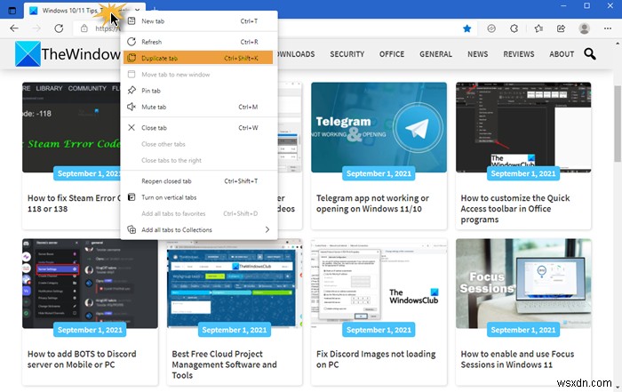 Microsoft Edge 브라우저에서 탭 복제하는 방법