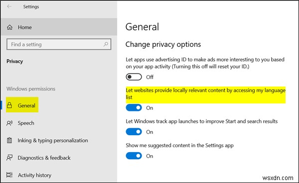 Windows에서 웹사이트가 내 언어 목록에 접근해 로컬 관련 콘텐츠를 표시하지 못하도록 차단하는 방법