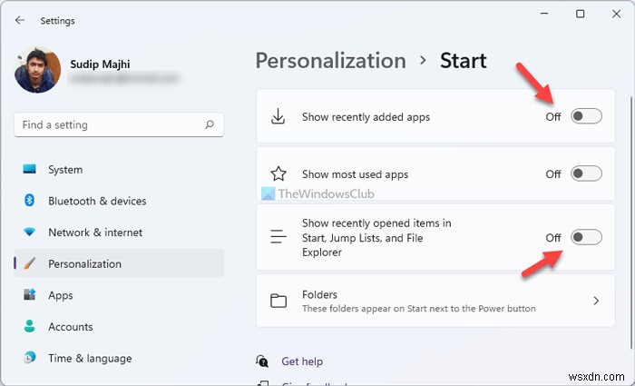Windows 11 시작 메뉴에서 권장 목록 표시 또는 숨기는 방법