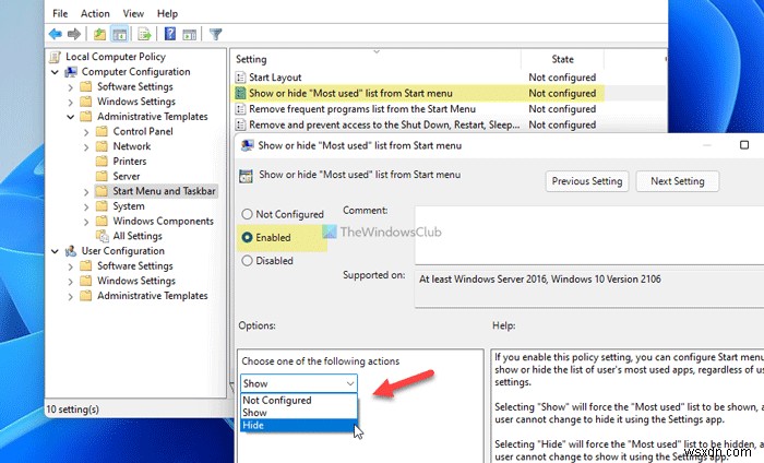 Windows 11 시작 메뉴에서 가장 많이 사용되는 앱 목록 표시·숨기기 방법