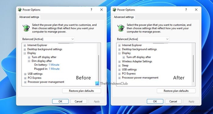 Windows 11/10 전원 옵션에서  디스플레이 흐리게 표시  설정을 숨기거나 다시 표시하는 방법