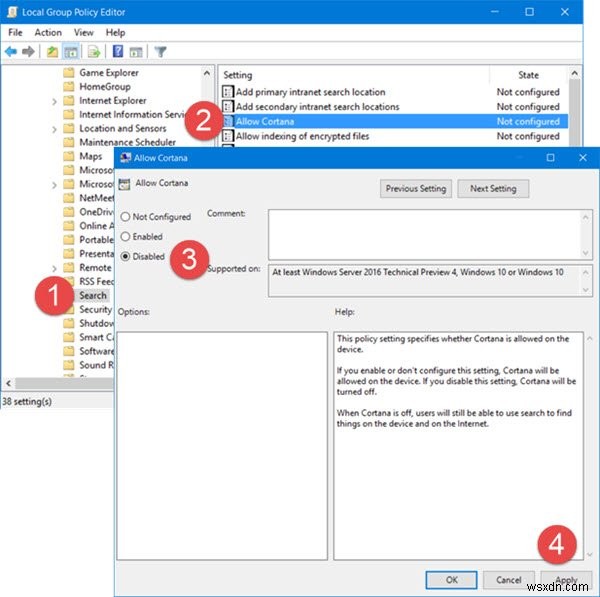 레지스트리 또는 그룹 정책으로 Windows 11/10에서 Cortana 완전히 비활성화하는 방법