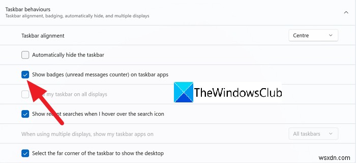 Windows 11에서 작업 표시줄 아이콘의 배지(알림 카운터) 숨기는 방법