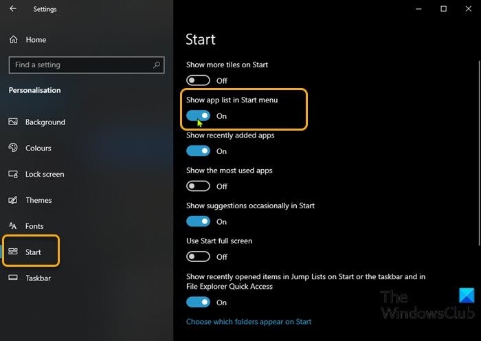 Windows 11/10 시작 메뉴에서 모든 앱 목록 추가 또는 제거하는 3가지 방법