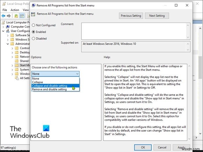Windows 11/10 시작 메뉴에서 모든 앱 목록 추가 또는 제거하는 3가지 방법