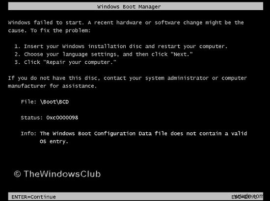 Windows 부팅 오류 0xc0000098 해결 방법: 부팅 구성 데이터에 유효한 OS 항목이 없습니다