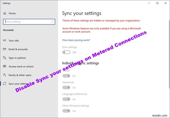 Windows 10에서 측정 연결 시 설정 동기화 켜기 또는 끄는 방법
