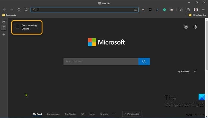 Windows 10 Edge 브라우저에서 인사말(Greeting) 표시 켜고 끄는 방법