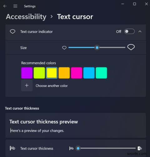 Windows 11/10에서 텍스트 커서 표시기 크기·색상·두께 변경하는 방법