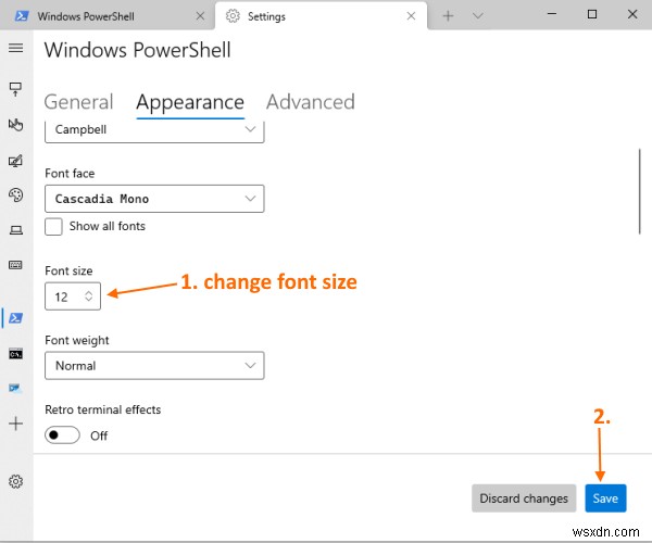 Windows 10에서 Windows 터미널 프로필의 글꼴 크기와 두께 변경하는 방법