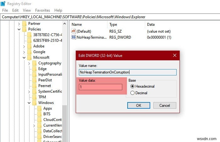 Windows 10에서 파일 탐색기 손상 시 힙 종료 기능을 해제하는 방법