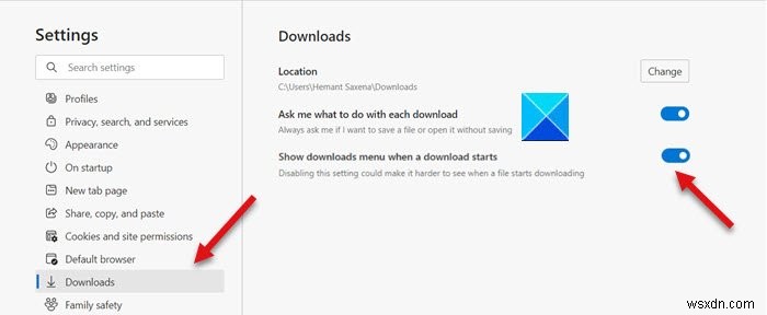 Microsoft Edge에서  다운로드가 시작될 때 다운로드 메뉴 표시  기능 켜는 방법