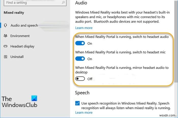 Windows 10에서 혼합 현실 포털(Mixed Reality Portal) 실행 중 오디오 설정 켜고 끄는 방법