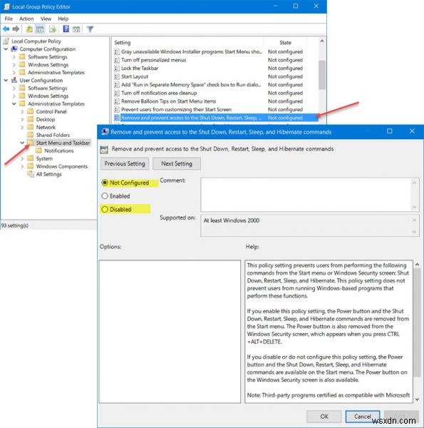 Windows 11/10 시작 메뉴에서 전원 옵션(종료, 다시 시작, 절전)이 사라졌을 때 해결 방법