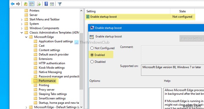 레지스트리 또는 그룹 정책 편집기로 Microsoft Edge 시작 부스트 켜고 끄는 방법