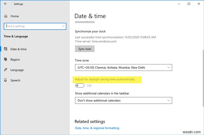 Windows 11/10에서  일광 절약 시간 자동 조정  옵션이 회색으로 비활성화될 때 해결 방법