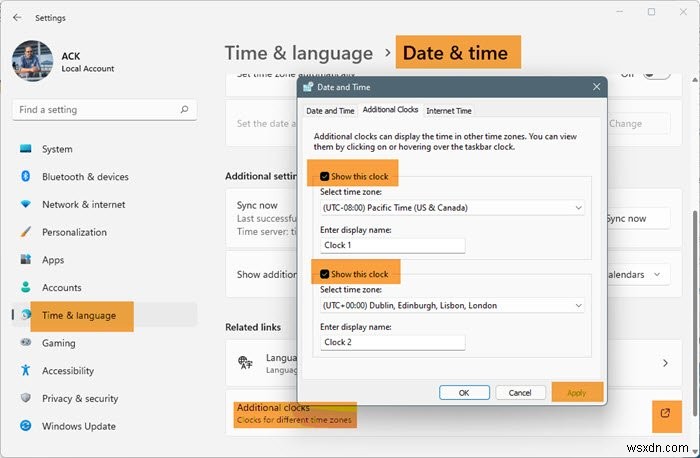 Windows 11/10 작업 표시줄에 여러 개의 시계(시간대) 표시하는 방법