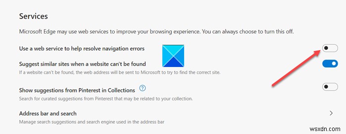 Microsoft Edge에서  웹 서비스를 사용하여 탐색 오류 해결  기능 켜고 끄는 방법
