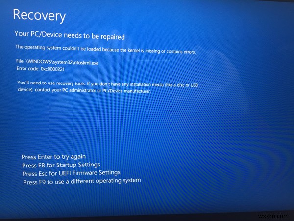 Windows 11/10 오류 코드 0xc0000221 해결 방법: 커널 ntoskrnl.exe 누락 또는 손상