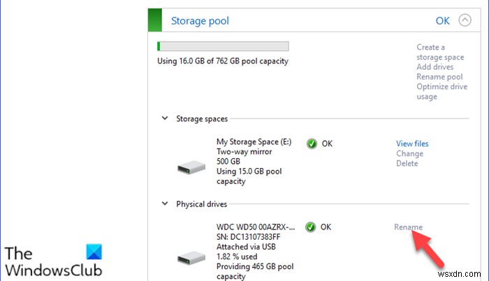 Windows 10에서 저장소 공간(Storage Spaces)의 저장소 풀 물리적 드라이브 이름 변경 방법