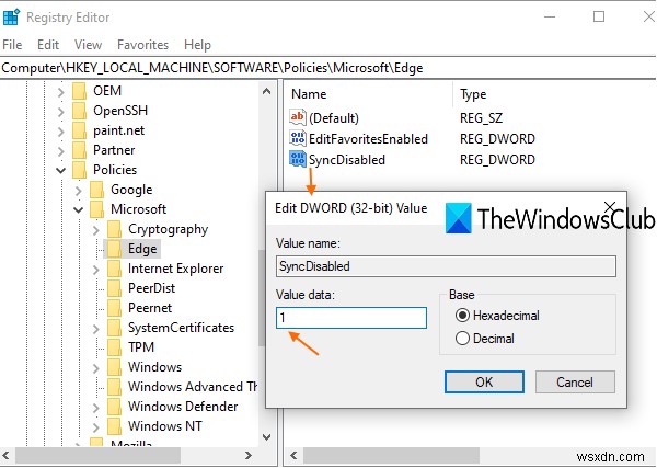 레지스트리 편집기로 Microsoft Edge 모든 프로필 동기화 켜기/끄기 설정 방법
