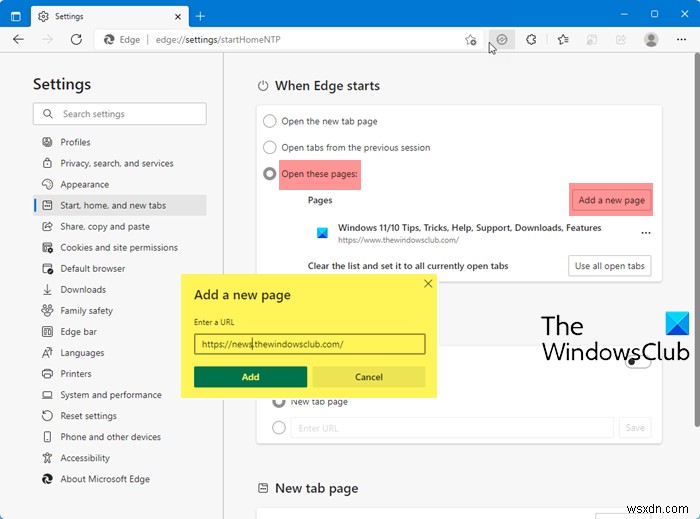 Microsoft Edge 브라우저에서 시작 페이지(홈페이지) 한 개 또는 여러 개 설정하는 방법