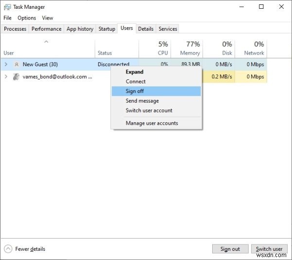 Windows 10 현재 세션에서 다른 사용자 로그아웃하는 방법